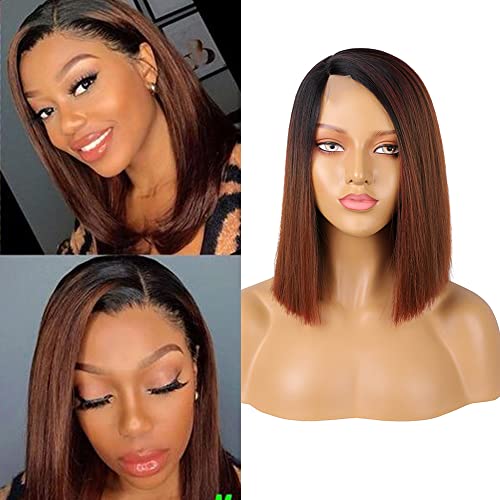 Forfeels Synthetic Side Part Lace Front Wig, Short Straight Lace Bob Wig for Women, Ombre Brown Bob Wig with Lace for Women Daily Use Replecment Hair Wigs