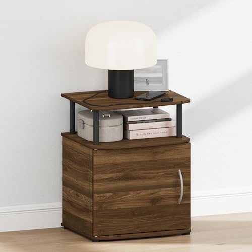 Image of Furinno Jaya Night Stand with Door, Nightstand, Columbia Walnut | Open Shelf and Door Cabinet, Round Corner Bedside Table, Modern Side Table, End Table, for Bedroom, Closet, Dorm