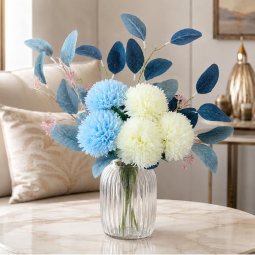 Image of Divyakosh Artificial Chrysanthemum Flower Bouquet, 5 Flowers with Foliage, Blue & White Pom Pom Floral Arrangement, Decorative Artificial Flowers for Living Room, Office & Home Decor
