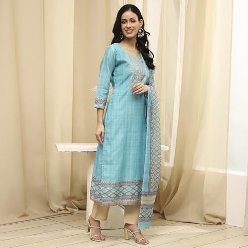 Image of BIBA Women Beige Cotton Machine Embroidered Unstitched Suit Set