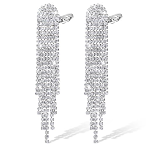 Kucheed Boucles D'oreilles Pendantes avec Pompon en Strass, Argent, Légères à Franges en Cristal (B)
