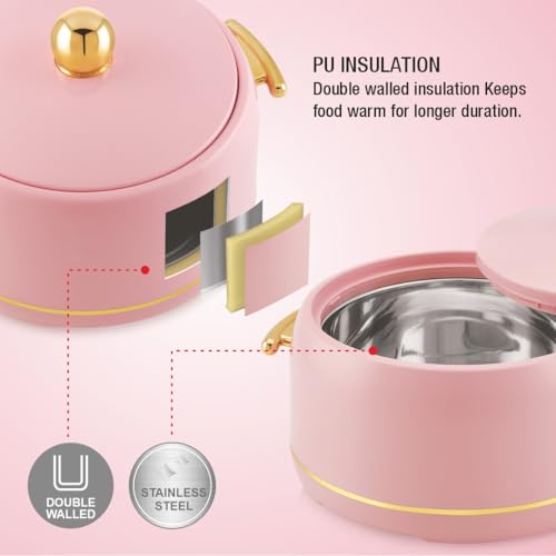 Image of Modware Atlantis Casserole 2500ml Elegant Design Premium Hot Pot with Insulated Inner Steel for Roti, Chapati Box, Serving Bowl with Lid, Pink