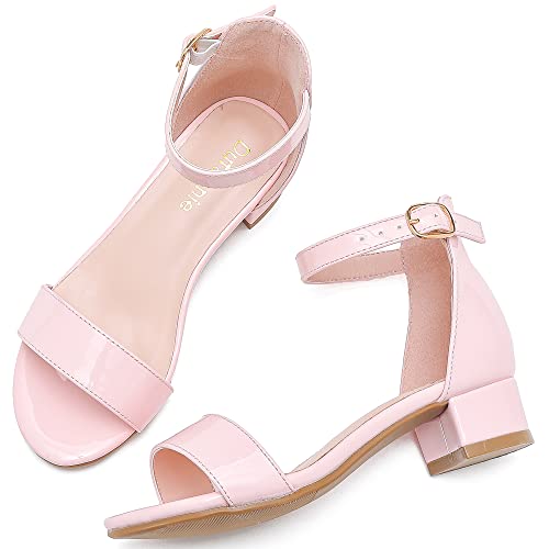 Image of Dufannie Girls Sandals Low Heels Dress Pump Ankle Strap Open Toe Flower Girl Wedding Party for Toddler Little Big Kid