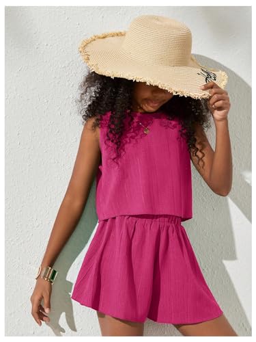 Image of Verdusa Girl's 2 Piece Outfits Sleeveless Blouse Top and Wide Leg Shorts Set