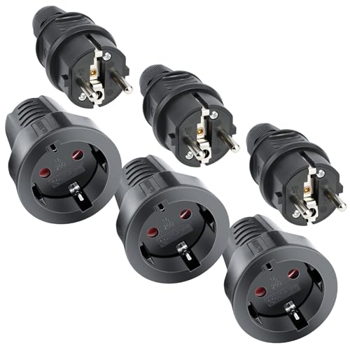 AXFEE 2 Pezzi Spina Schuko 250V 16A, 1 Spina + 1 Presa, Spina Schuko Volante In Gomma, IP44, con Protezione Antipiega della Coppia, Spina Esterna Maschio e Femmina, per Cavi Interni ed Esterni - Nero