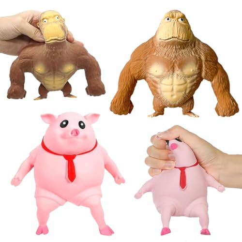 Cerdo Rosa y Gorila marrón, Pack de 2 Squishies Resistentes, Juguete Creativo de Descompresión para Adultos y Niños, Alivio Sensorial Inmediato