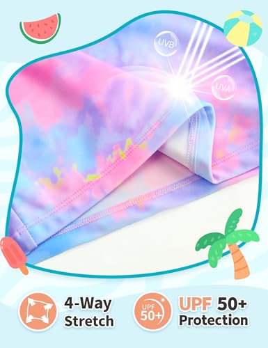Image of TENVDA Girls Swimsuit Size 7-8 Years Old Purple Tie Dye UPF 50+ Long Sleeve Rash Guard Summer Beach Bathing Suit Swimwear