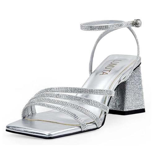 Sandalen Damen High Heels mit Strasssteinen Silver Glitzer Glitzer Peep Toe...