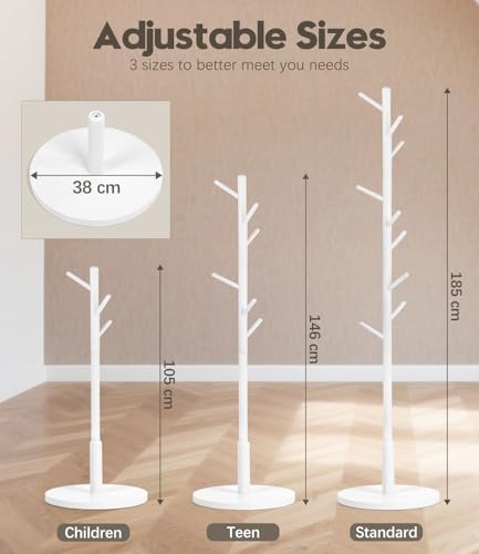 Relquorax Garderobenständer, Kleiderständer aus Buchenholz Massivholz in Baumform für Kleidung, 9 Haken, 185 x 38 x 38 cm, für Jacken, Hüte, Taschen, Eingang, Flur, Büro, Schlafzimmer (Weiß)