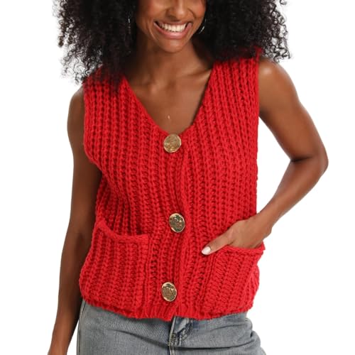 Image of Women's Sleeveless Chunky Knit Cardigan V-Neck Button Down Vest Casual Loose-Fitted Crochet Sweater with Pockets 2024