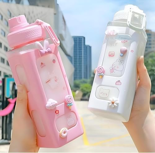 Image of Water Bottle with Straw 700ml Square Plastic Sipper Bottle with Strap, Leakproof Lid and Measurement Scale,Bear Design (Pack of 1)