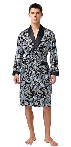 Image of TONY AND CANDICE Men's Satin Robe Lightweight Long Sleeve Silk Kimono Bathrobe with Shorts Set Sleepwear