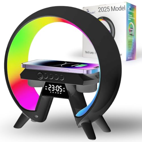 UK Technology O Lamp Wireless Charger, Color Changing Ambient Light, Dimmable Night Light, Digital Display Alarm Clock, Bluetooth Speaker, Mood Light for Bedroom, Premium Matte Black