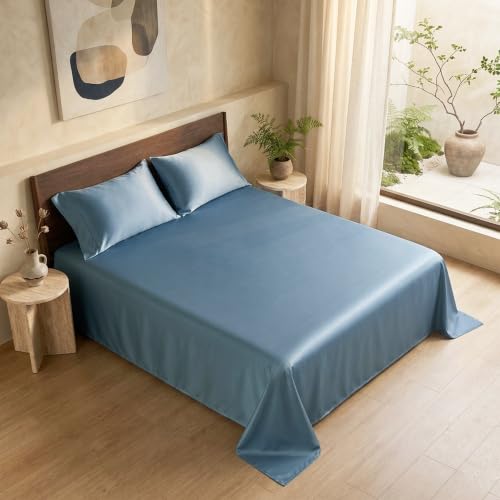 Image of HOMEMONDE 100% Bamboo King Size Flat Bedsheet with 2 Pillow Covers | 300 TC Luxury Cooling Bed Sheet | Ultra Soft, Breathable & Moisture Wicking | (Bahamas Blue, 108x108 Inches)