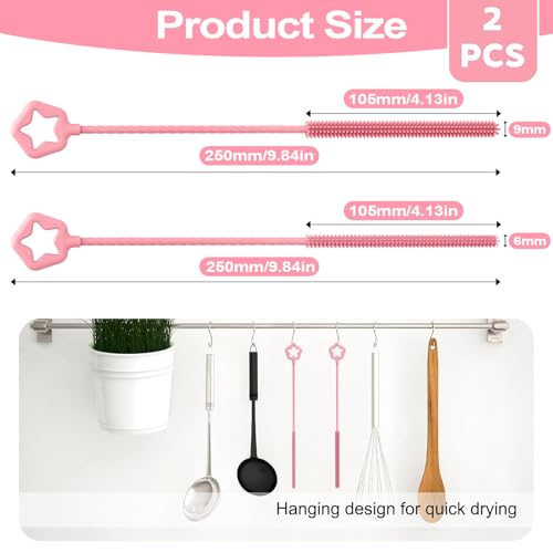 YXBWM Silicone Straw Cleaner Brush, 2Pcs Reusable Straw Cleaning Brush Set – Soft & Bendable with Non-Slip Handle, 6mm + 9mm for Straws, Tubes & Narrow Openings (Pink) — view 2
