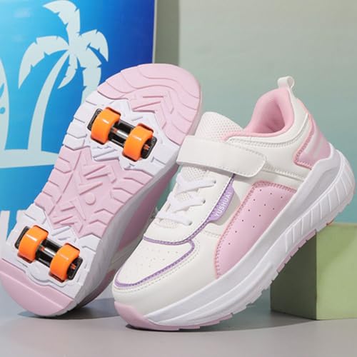 Kids Roller Skates Shoes Sneakers for Boys & Girls, Outdoor Parkour Shoes with 4 Wheels Unisex Skateboarding Shoes Retractable Skating Shoes for Children's Park Walking Sports 12 UK Child-4 UK3