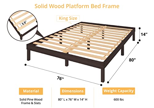 Naomi Home Lucia 14 Inch Solid Wood Platform Bed King Bed Frame, Pine Wood King Platform Bed Frame, No Squeak Bed Frame, Bed Frame King Size, No Box Spring Needed, Sturdy Bed Frame - Espresso #TOP1