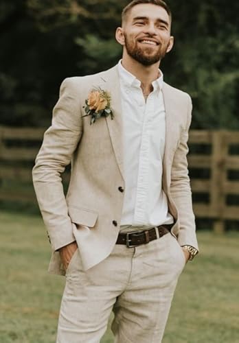 Men's Slim Fit Linen 2 Piece Suit Casual Lightweight Summer Beach Blazer Pants Set2