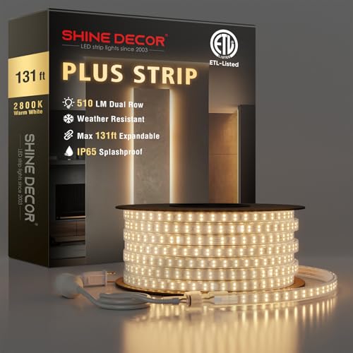 Shine Decor Plus LED Strip Lights AC 120V, Connectable Double Row Bright Rope Light, ETL IP65 Waterproof & Weather-Resistant for Accent Lighting, 7x17mm, 2800K Warm White, 131FT