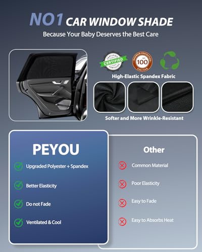 PEYOU Car Window Shades for Baby 2 Pack, Stretchable & Breathable Spandex Rear Side Car Sun Shade for Camping, Blocks Uv Rays & Sun Glare for Kids/Adults/Pets - 44.9"X19.7" Fits 99% Cars