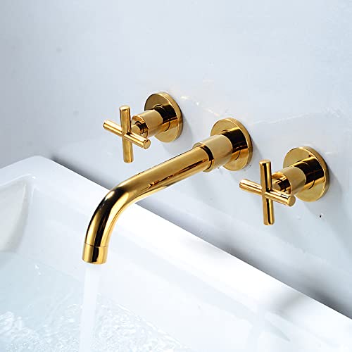 Grifo de baño montado en la pared con doble manija cruzada latón negro