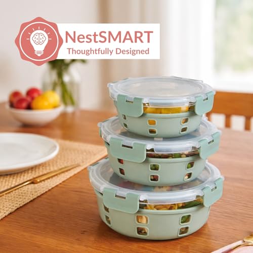 Image of Nestasia Gripso Glass Containers Set of 3 (400ml, 600ml, 950ml) with Silicone Sleeve & Locking Lid, Microwave, Dishwasher & Freezer Safe Round Food Storage Containers (Green)