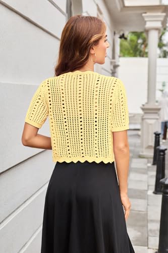 Image of Kate Kasin Women Crochet Shrug Knit Sweater, Short Sleeve Cropped Cardigan | Tie Front Tops Light Weight, Knit Cover Up Arm Bolero For Evening Dresses Dressy Casual, Ladies Eyelet Shawl Thin Formal
