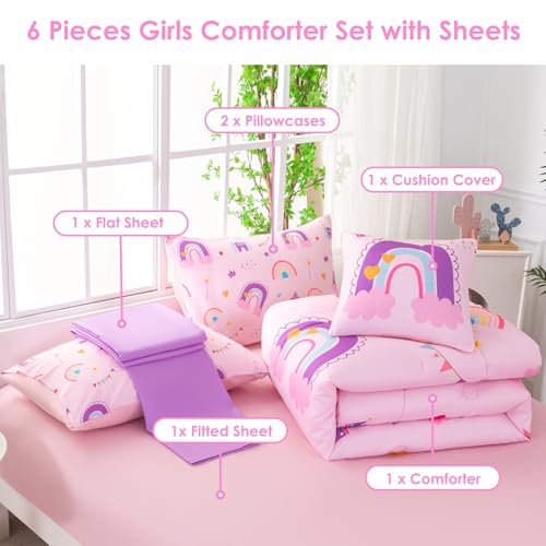 Image of Full Size Bedding Sets for Girls 6 Pieces Pink Rainbow Kids Comforter Set with Sheets Colorful Castle Printed Teen Girl Bed in A Bag for Bedroom Decor (Rainbow Castle, Full)