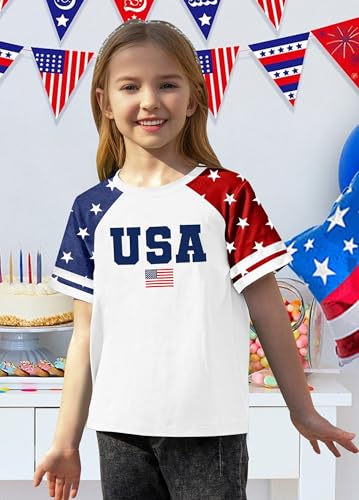 Image of CAZYCHILD Girls 4th of July USA Shirt American Flag Patriotic T-Shirt Independence Day Outfit for Kids 5-14Years