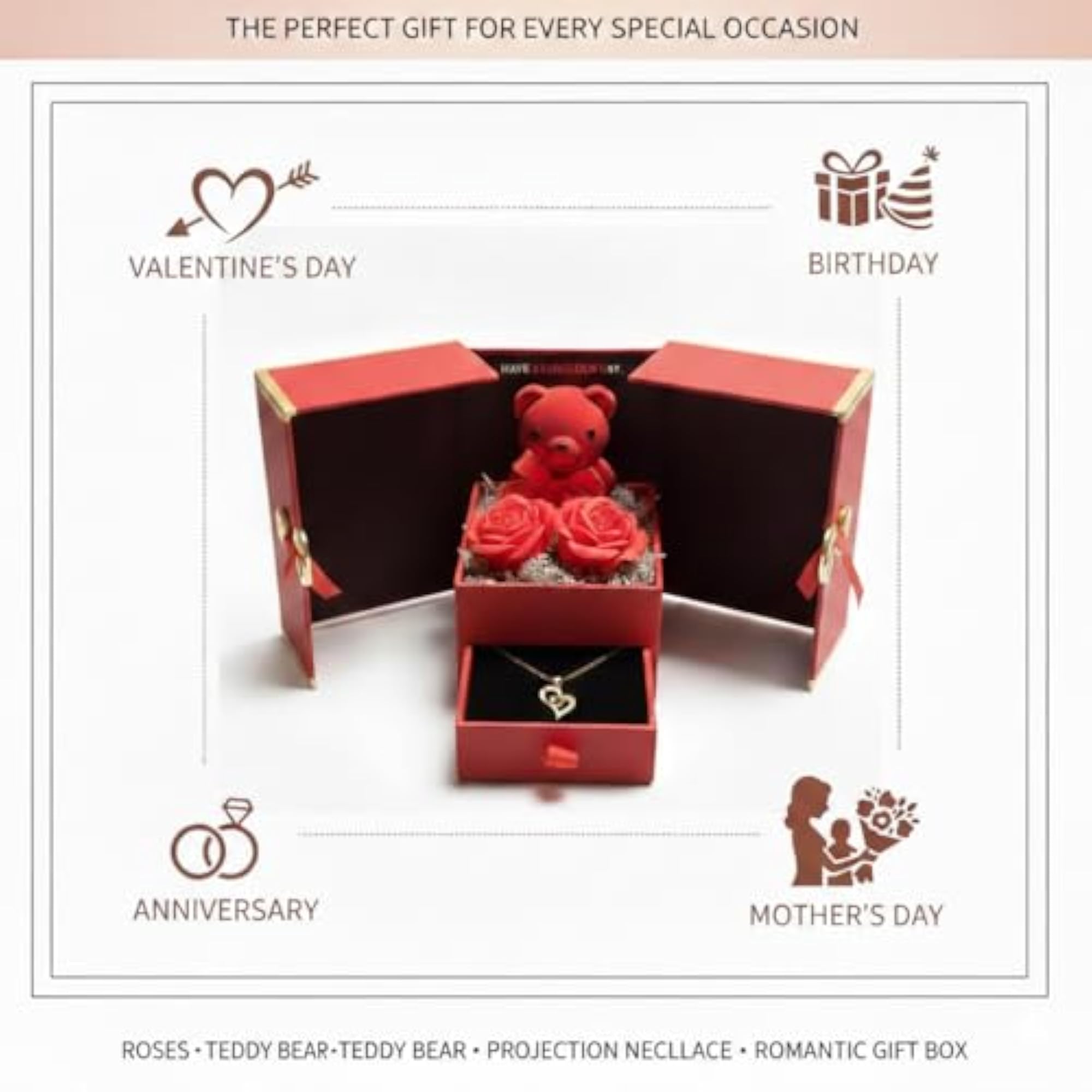 Teddy Rose Box with Heart Necklace, I Love You in 100 Languages