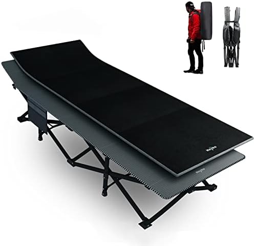 Hejiko Camping Cot for Adults, Folding Cot with Mattress, Sleeping Cot Bed with Carry Bag, Heavy Duty Portabld Cots for Camp Travel Outdoor Home Office 450LB, Black Set (Cot+Pad)