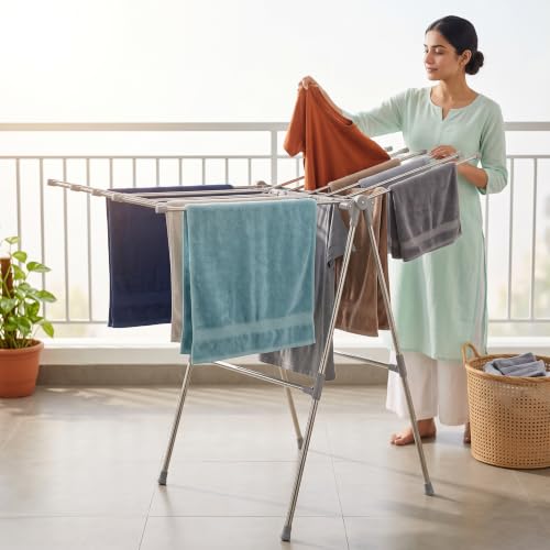 Image of TEX-RO Stainless Steel Clothes Drying Stand Foldable for Lightweight Clothes | Anti-Rust Cloth Dryer Stand for Bedroom, Balcony, Home, PG & Hostel | Compact Portable Clothes Hanging Rack