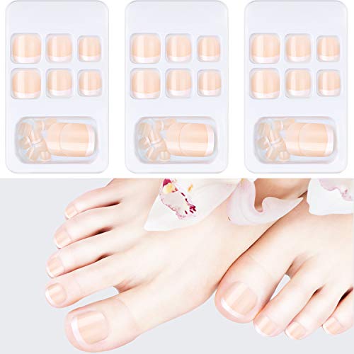 72 Pezzi Unghie Finte Piedi Francesi Punte di Unghie Artificiali Piedi Nude Unghia Quadrata Corta per Piedi in 3 Scatole Copertura Completa Lucida con Lima Bastoncino Unghie per Unghie Uso Domestico