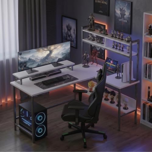 Image of TEKAVO Tonny L Shape Table for Home Office, Computer Table for Home Pc, L Shaped Office Table, Gaming Work Desk | with Book Shelf + Monitor Riser, White Wood, Metal (124 x 48 x 75 Cm) | DIY