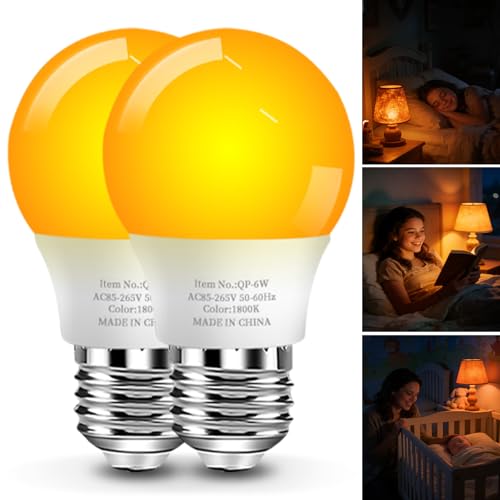 1800K Amber Sleep Light Bulbs 99.96% Blue Light Blocking A15 6W(40 Watt Equivalent) Soft Warm Light Bulbs Eye-Caring Amber Soft Yellow Night Light E26 for Bedroom Reading Baby Nursery 2 Packs