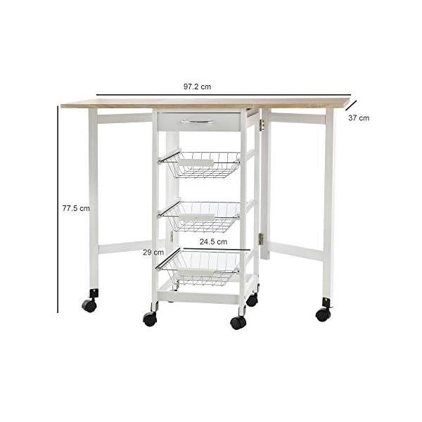 HOMCOM Drop-Leaf Kitchen Cart Trolley w/ 3 Baskets Drawer Surface Top 6 Universal Wheels Rolling Storage Unit Kitchen Home Dining Island White Oak Tone - Image 3