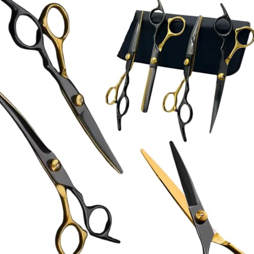 Kit Tesoura Multifuncional Cabelo/pelos Para Cabeleireiro e Pet Shop Tosa Banho Spitz (Dourado)