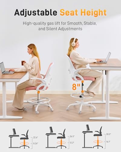 Image of LukkDys Drafting Chair with 4D Multi-Adjustable Backrest, Tall Office Chair 19.7 inch-27.6 inch Seat Height, Ergonomic Standing Desk Chair with Flip-up Arms, Foot Ring, Pink&White