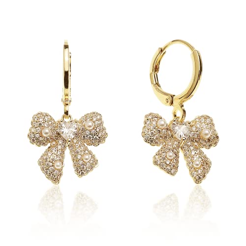 Sonateomber Gold Bow Dangle Hoop Earrings for Women - Cute Sparkly Cubic Zirconia Rhinestone Ribbon Drop Small Circle Huggie Cartilage Hypoallergenic Daily Jewelry Gift