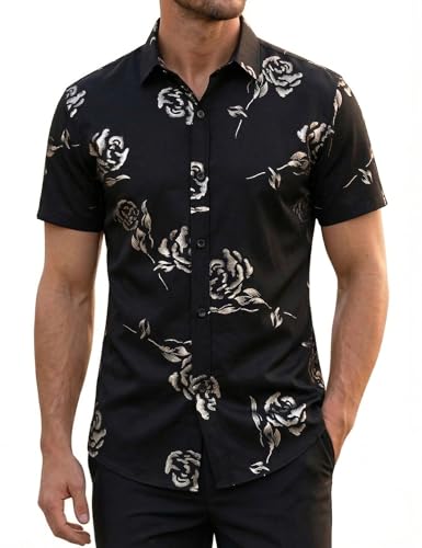 Amazon.com: ZEROYAA Mens Hipster Gold Rose Printed Slim Fit Short Sleeve  Button Down Dress Shirts ZZCL41-Black Small : Clothing, Shoes & Jewelry