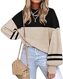 ETCYY Womens Sweaters Fall 2025 Batwing Long Sleeve Side Slit Knit Tops Crew Neck Striped Oversized Sweater Pullover,Double Khaki,Small