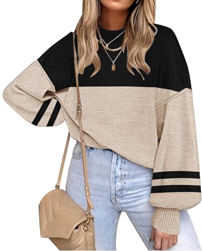 ETCYY Womens Sweaters Fall 2025 Batwing Long Sleeve Side Slit Knit Tops Crew Neck Striped Oversized Sweater Pullover,Double Khaki,Small