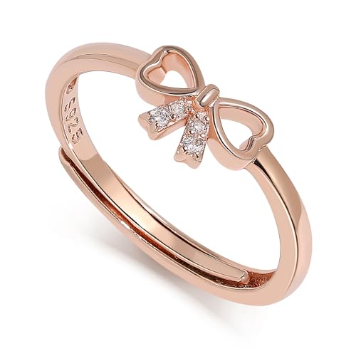 Meissa Gold Rings for Women Girls 925 Sterling Silver Bow Rings Adjustable Cubic Zirconia Ribbon Rings Gold Bow Tie Kont Ring Jewellery Gift for Daughter, Rose Gold