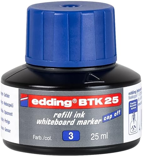 edding BTK25-003 - Frasco de tinta para pizarras blancas de 25ml, sistema capilar, color azul