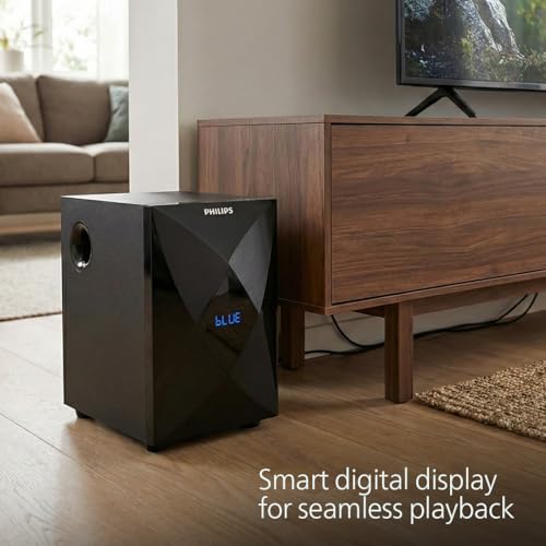 Image of Philips Audio 2.1 CH 60W Multimedia Speaker System with Bluetooth 5.3, USB,AUX,FM Radio,LED Display, Remote Controlled, 10.16cm Subwoofer, Wide Compatibility-MP3 Player,TV, PC (MMS2634 /94-Deep Black)