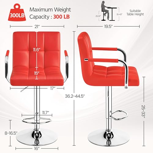 Image of Yaheetech Bar Stools Set of 2, Swivel with Backs, Adjustable Height, Red