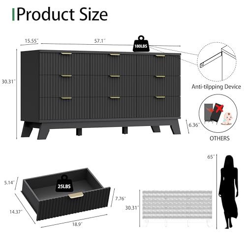 Image of Xixini Fluted Dresser for Bedroom with 9 Drawers, 57 inch Wide Chest of Drawers with Metal Handle, Modern Wood Dresser TV Stand, Wooden Closet Clothes Storage Organizer for Living Room, Hallway, Black