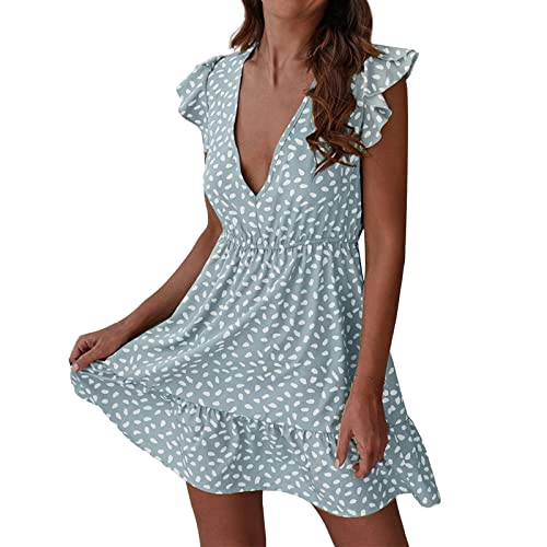 QWUVEDS Vestido de verano negro para mujer, estilo bohemio, vestido casual, verano, playa, vestido de sol, manga abombada, mini vestido corto de cabaña, vestido mini para mujer, verde, XL