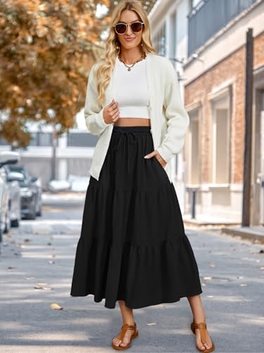 Lyrur Linen Skirts For Women Elastic Waist Aline Tiered Ruffle Casual Beach Summer Maxi Black Skirt With Pockets thumb #5