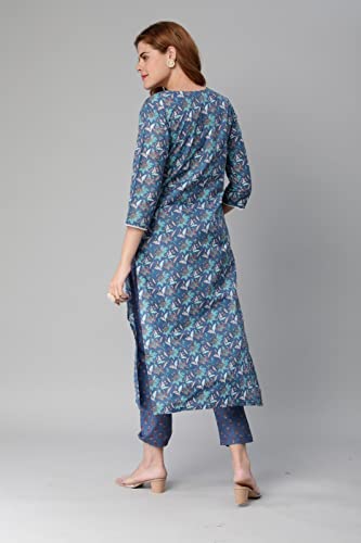 Image of GoSriKi Women's Cotton Blend Printed Straight Kurta With Pant